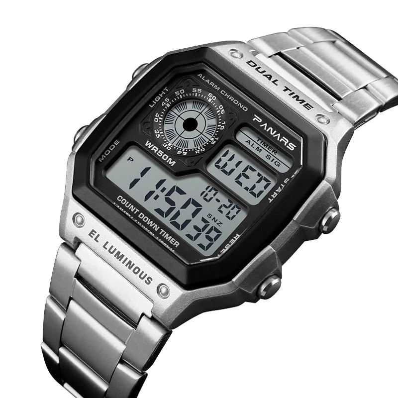 Herren Armbanduhr Digital Uhr Silber Edelstahl LED Quarzuhr Luxus Chronograph