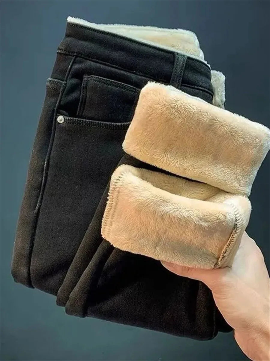 Damen Winter Warm Thermo Jeans Hose Innenfleece Stretch Hosen Leggins Denim