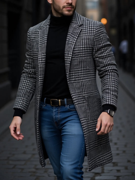 Herren Trenchcoat Hahnentritt Winter Warm Verdickt Winddicht Mantel Herbst