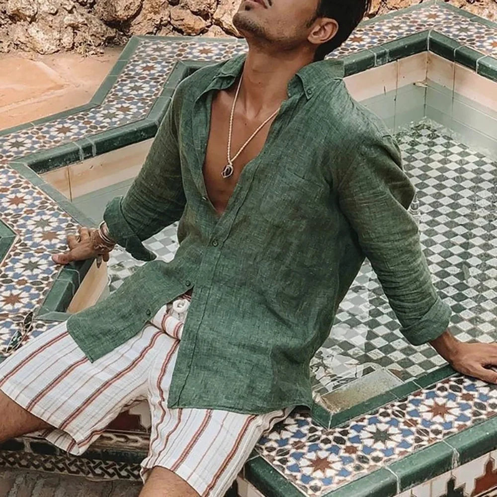 Herren-Langarmhemd, Frühling und Sommer, leichte Strandhemden, Umlegekragen, einfacher Basic-Stil, einreihiges Oberteil