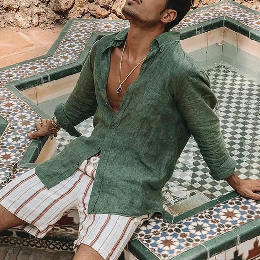 Herren-Langarmhemd, Frühling und Sommer, leichte Strandhemden, Umlegekragen, einfacher Basic-Stil, einreihiges Oberteil