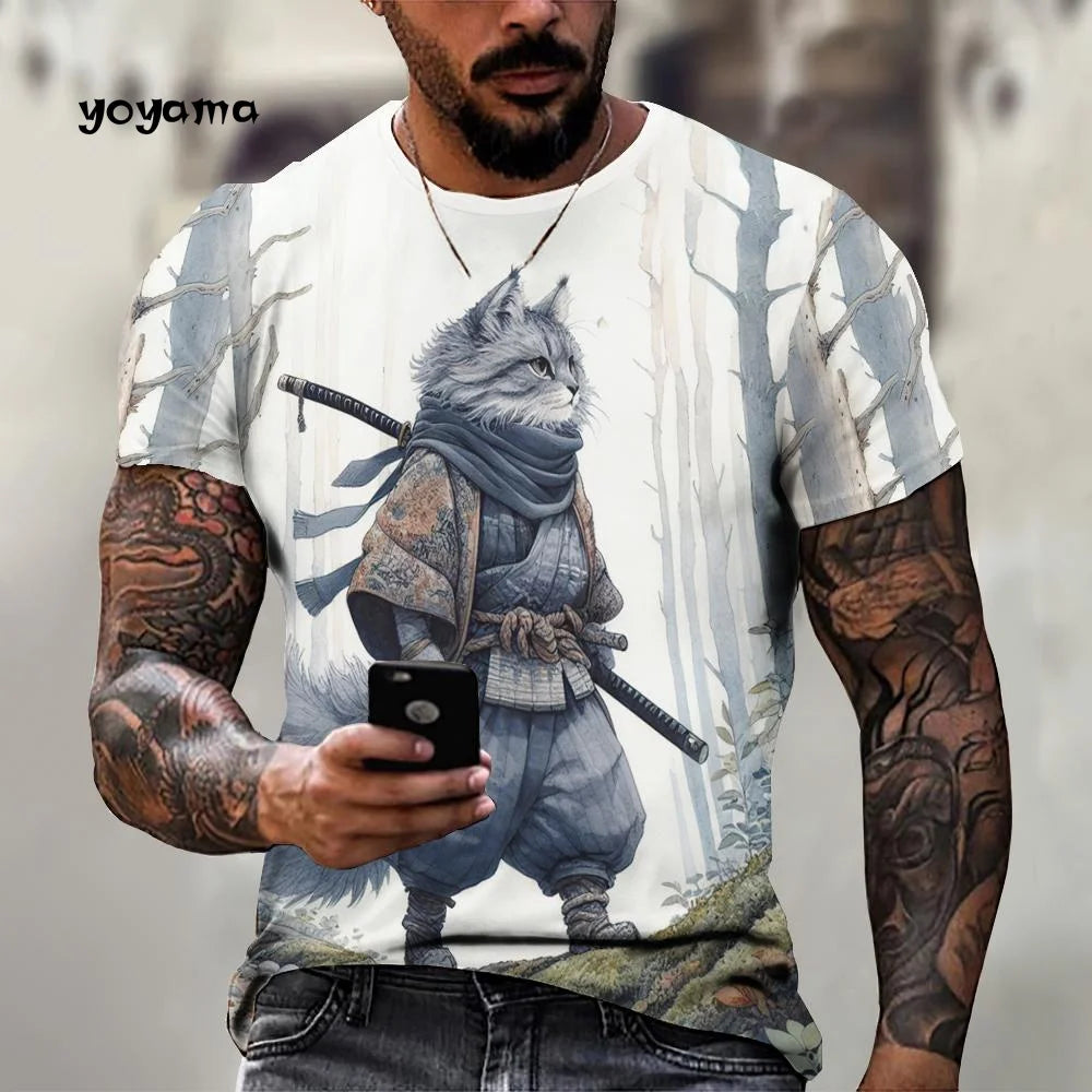 Japanische Samurai Katze Muster männer T-Shirt 3D Spaß Druck Kurzarm Sommer T-Shirt Harajuku Tops männer Straße Casual kleidung