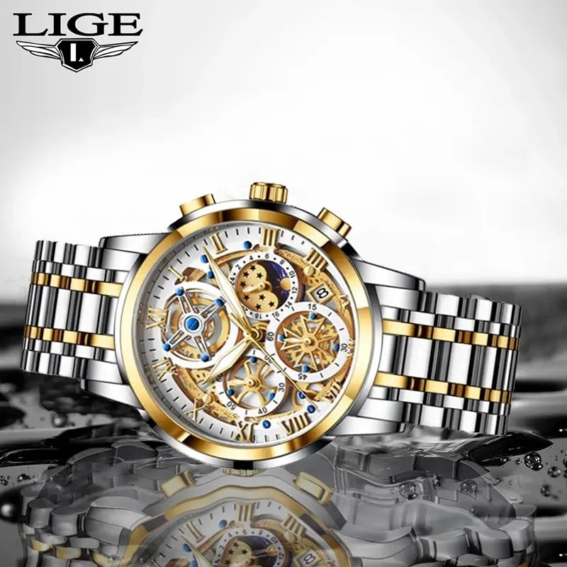 Herren Armbanduhr Silber Schwarz Edelstahl Quarzuhr Luxus Chronograph Business