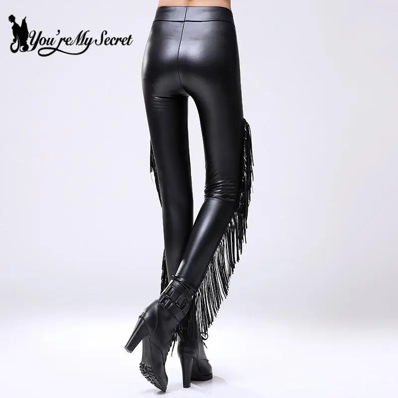 Sexy Damen Leggings Push Up Leggins Gothic Punk Hose PU Lederhose mit Fransen