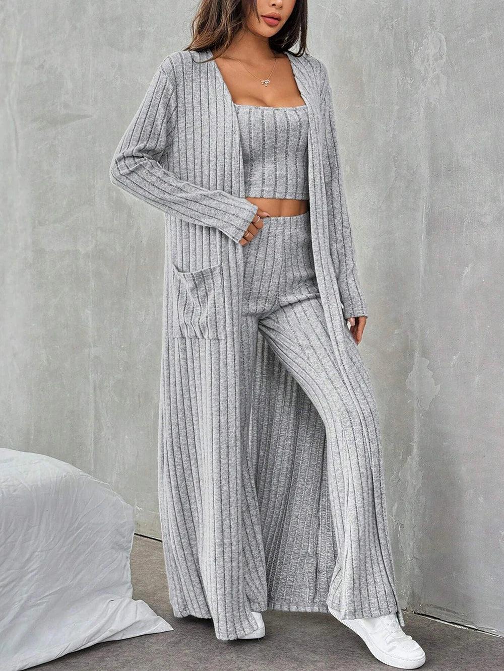 3-teiliges Damen Outfit Strickjacke Jacke Fitnessanzug Freizeitanzug Hausanzug