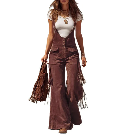 Damen Fashion Hose Latzhose Schlaghose Retro Western Flare Trägerhose Overall
