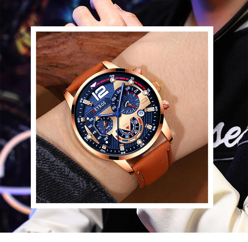 Stilvolle Herren Armbanduhr mit Kunstleder Armband Set Luxus Quarz Uhr