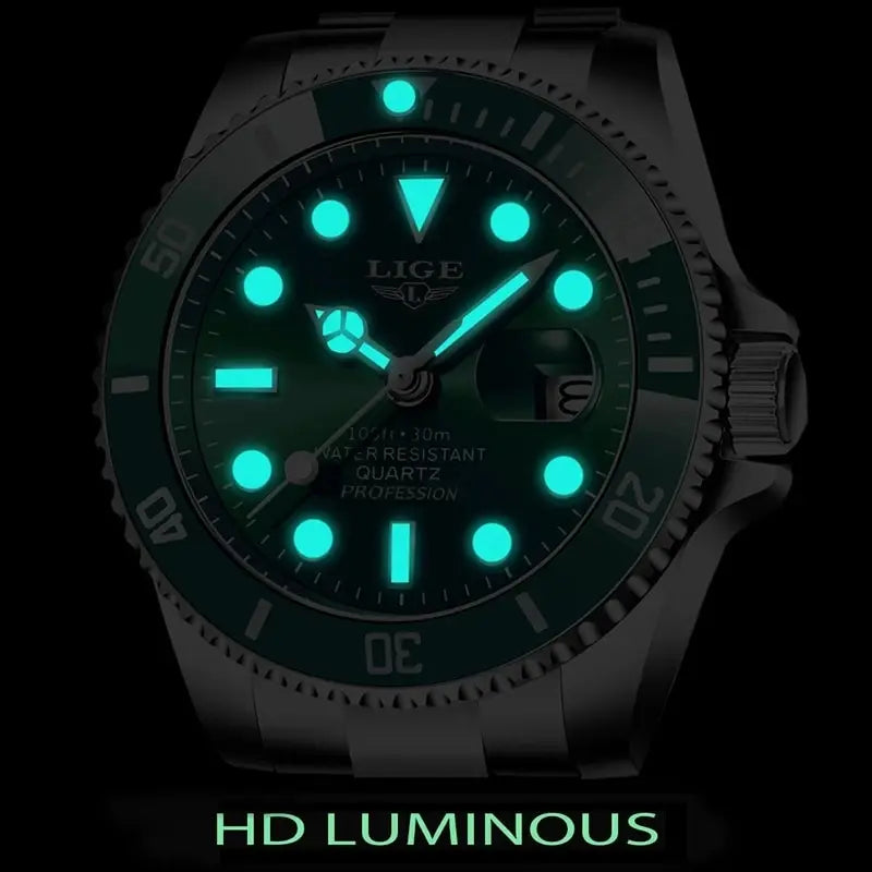 Herren Armbanduhr Silber Grün Edelstahl Uhr Quarzuhr Luxus Chronograph Business