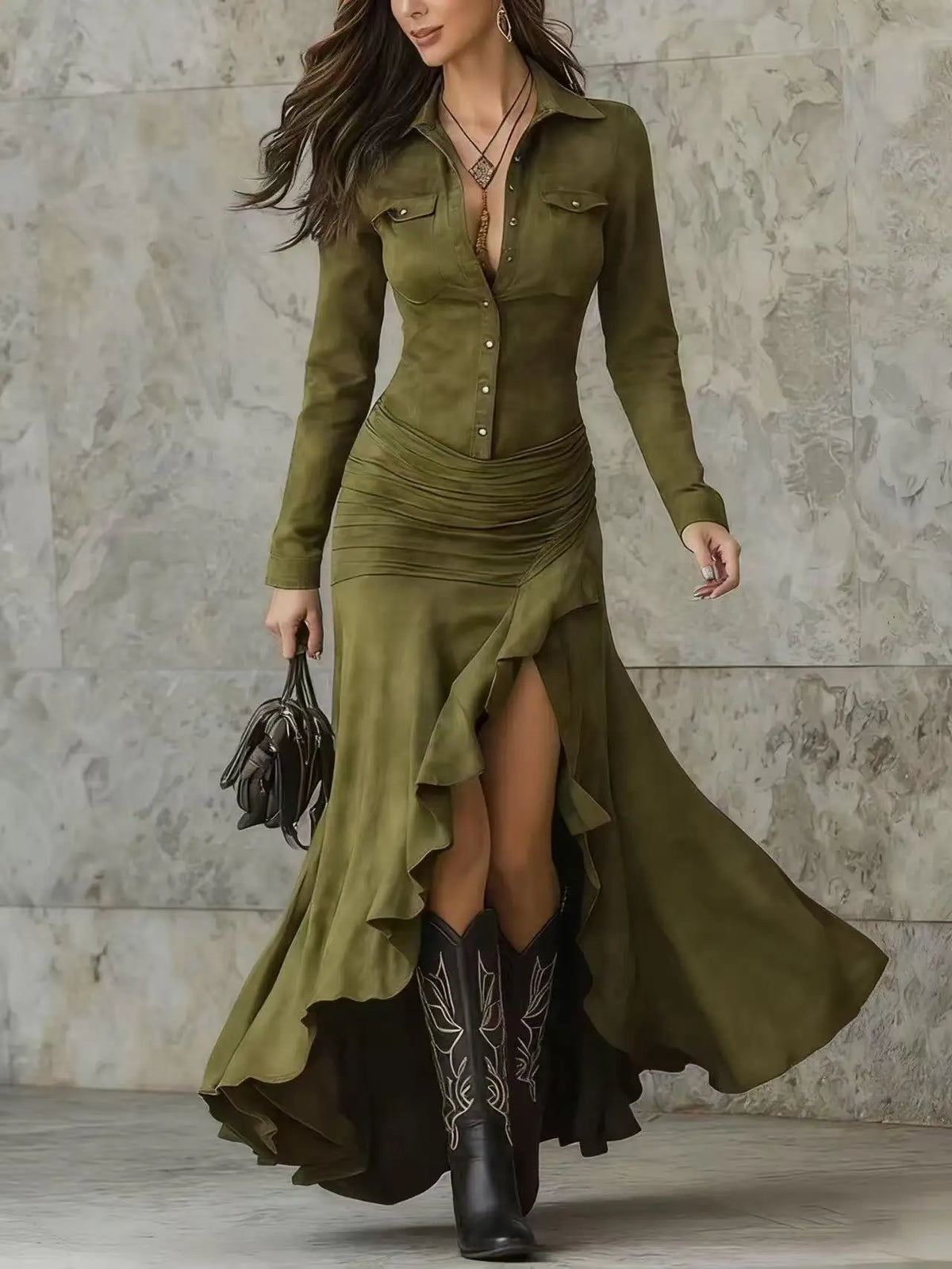 Damen Kleid mit Raffungen Partykleid Cocktail Abendkleid Retro Western Style