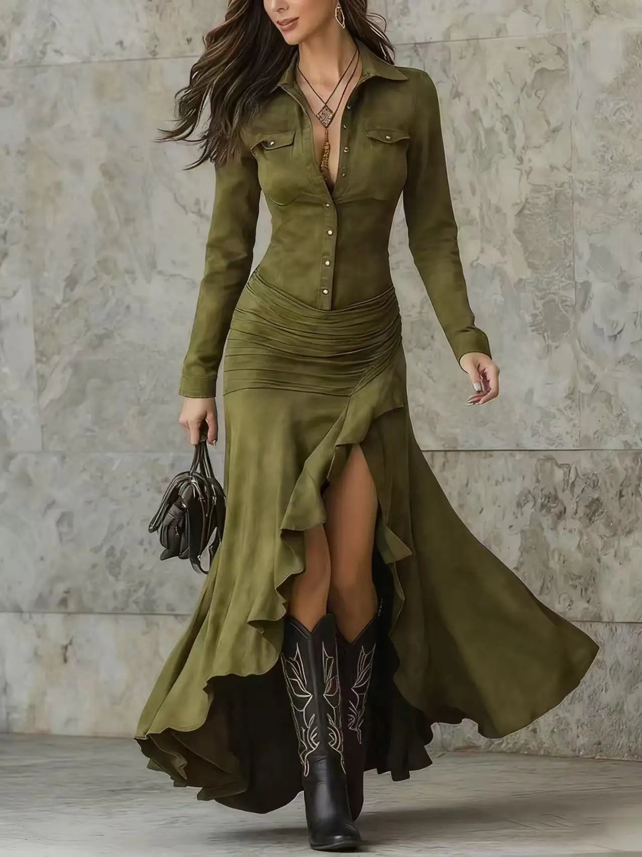 Damen Kleid mit Raffungen Partykleid Cocktail Abendkleid Retro Western Style