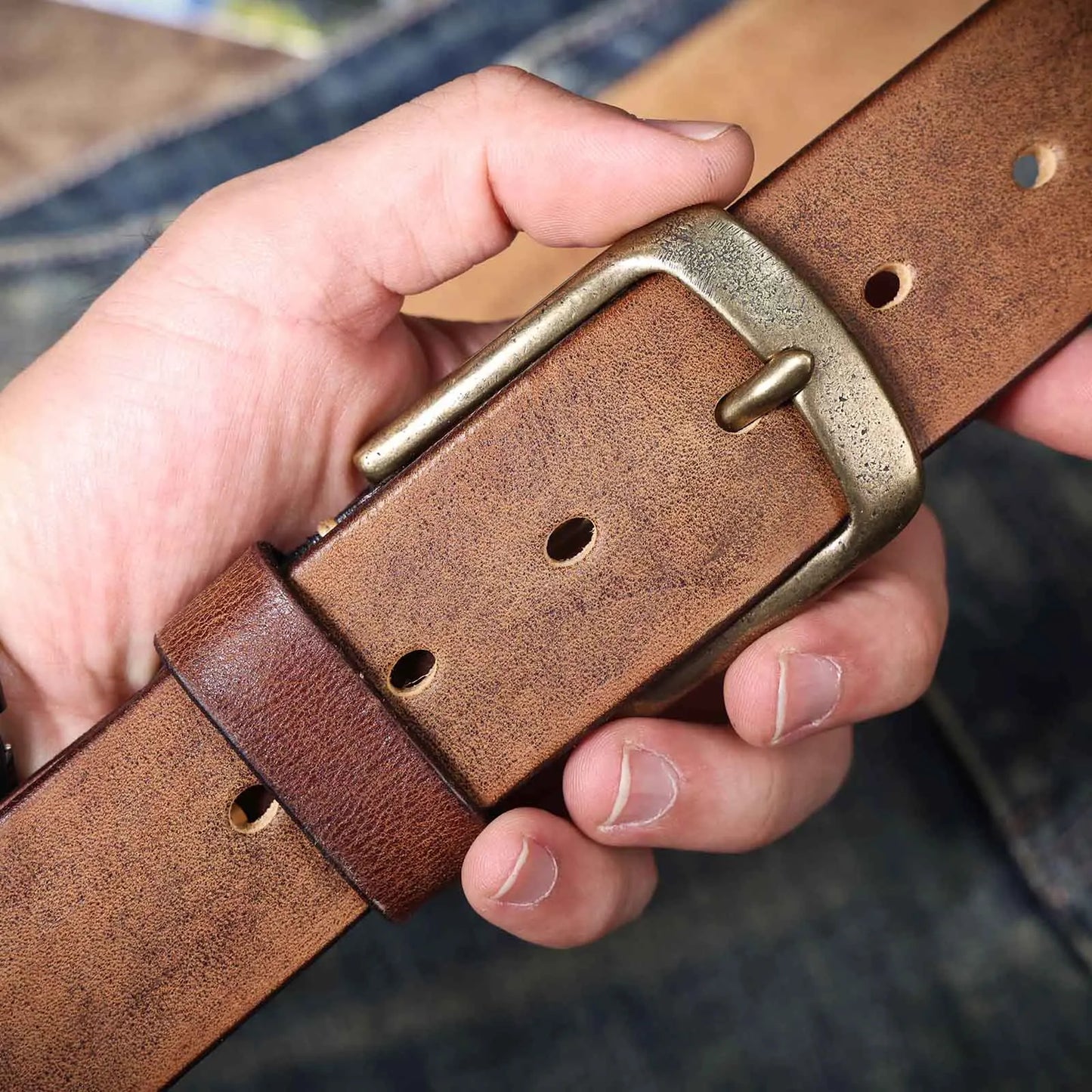 Jeans-Gürtel Herren Eckig Schnalle Echt Leder Gürtel Braun Breite Schnalle