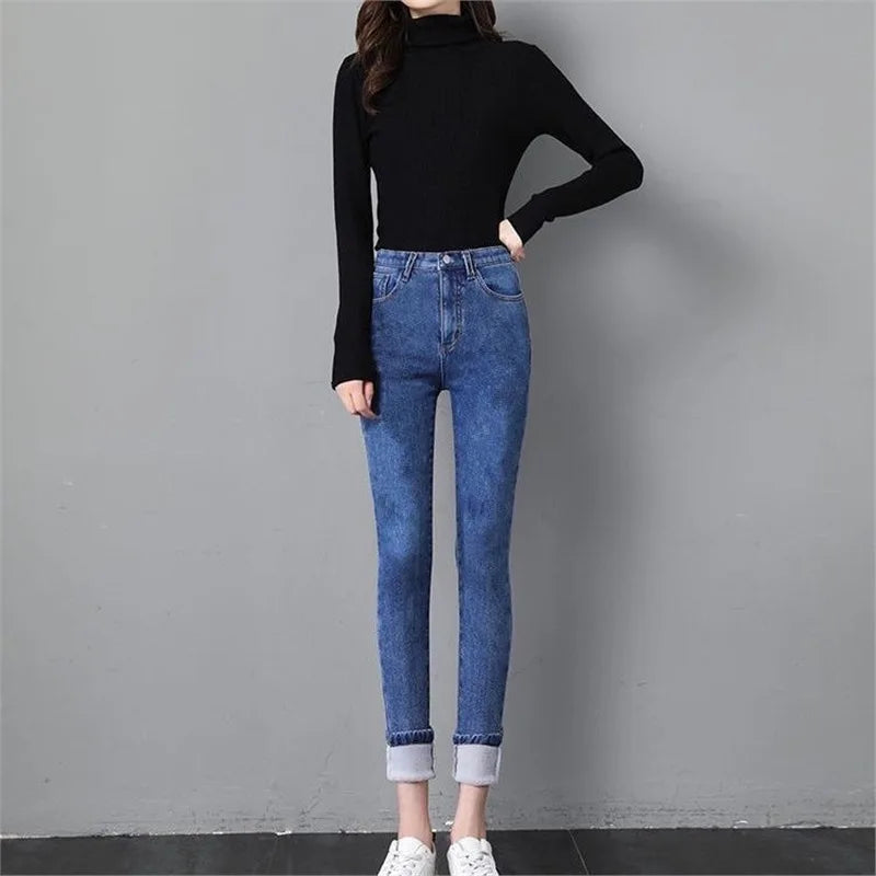 Damen Winter Warm Thermo Jeans Hose Innenfleece Stretch Hosen Leggins Denim