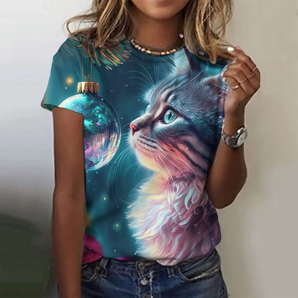 Damen Sommer Top 3D Katzen T-Shirt Rundhals Streetwear lockeres Damentop