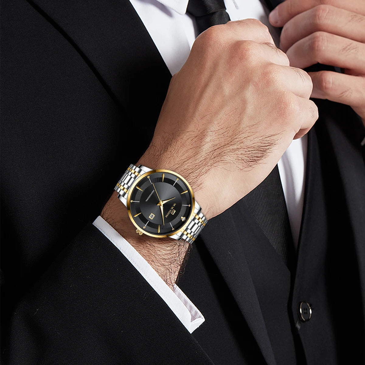 Herren Armbanduhr Silber Schwarz Edelstahl Quarzuhr Luxus Chronograph Business