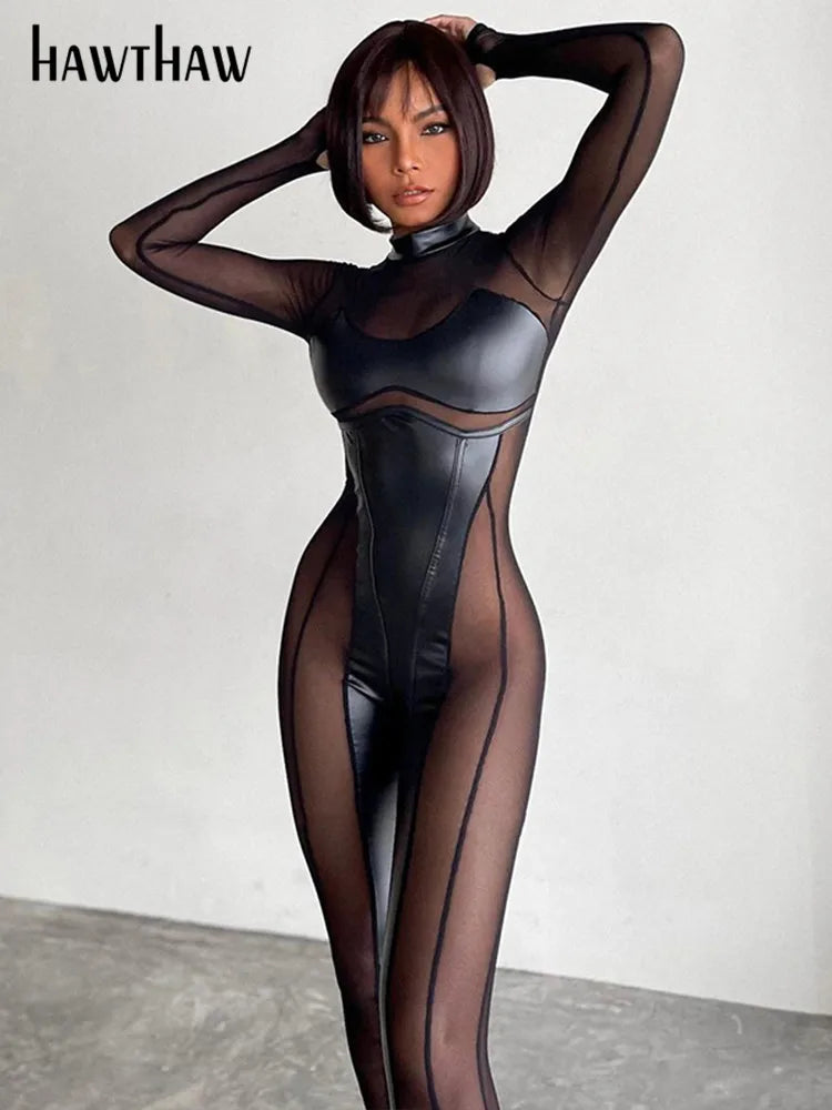 Sexy Damen Bodycon Overall Jumpsuit Strampler Catsuits Leder Optik Nachtclub