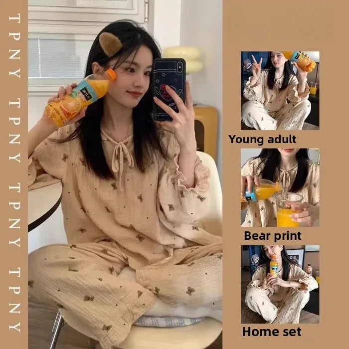 Women's Long Sleeve Sleepwear Bear Polka Dot Home Clothes Autumn Winter New Style Comfortable Nightgown Pants Set
