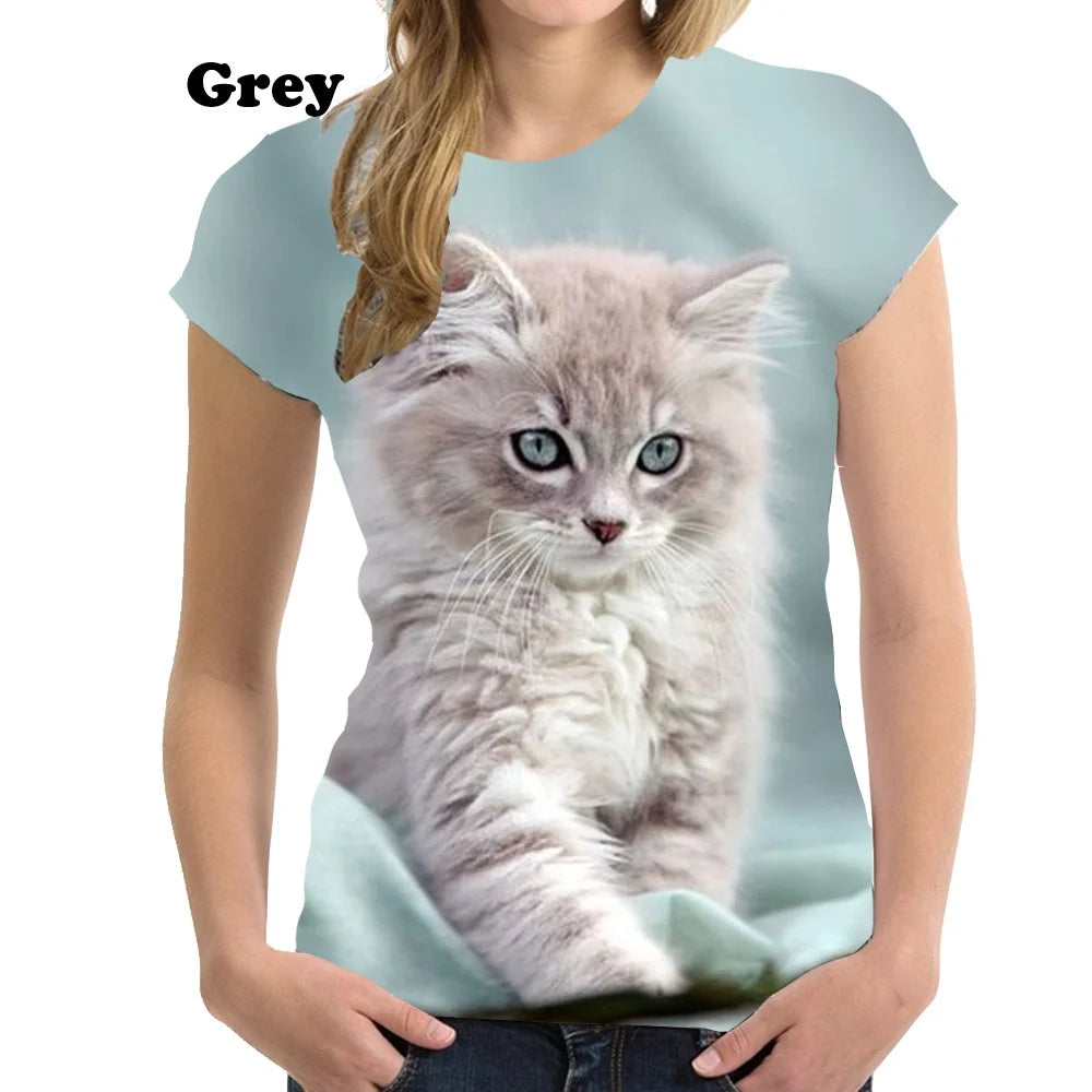 Damen T-Shirt Sommer Top Katzen Hemd Rundhals Streetwear lockeres Damentop