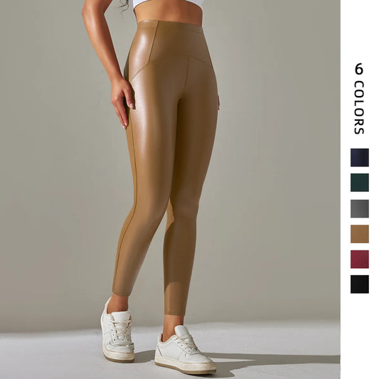 Damen Fashion Leggings Push Up Leggins Hose PU Lederhose mit Taschen Sexy