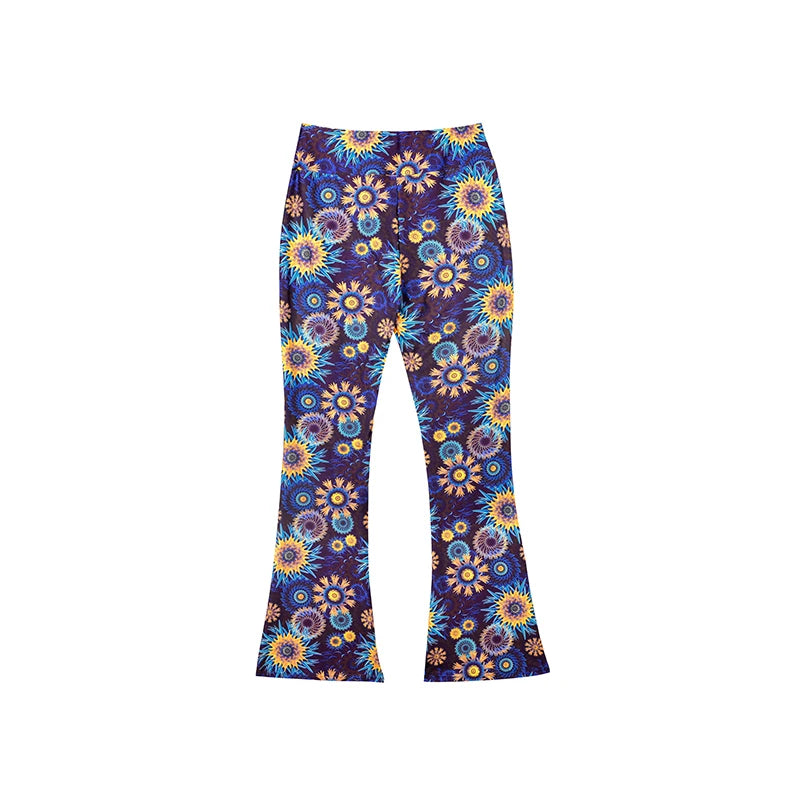 Damen Yoga Hose Bootcut Hüftjeans Schlaghose Flared Leggins Flower Power Retro