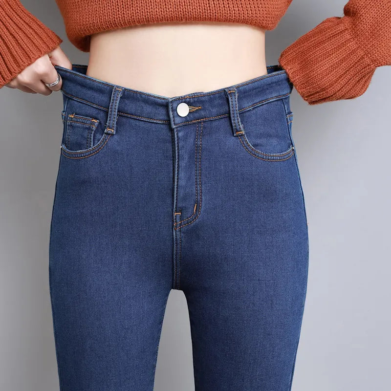 Frauen Winter Warm Thermo Jeans Hose Innenfleece Stretch Hosen Leggins Denim