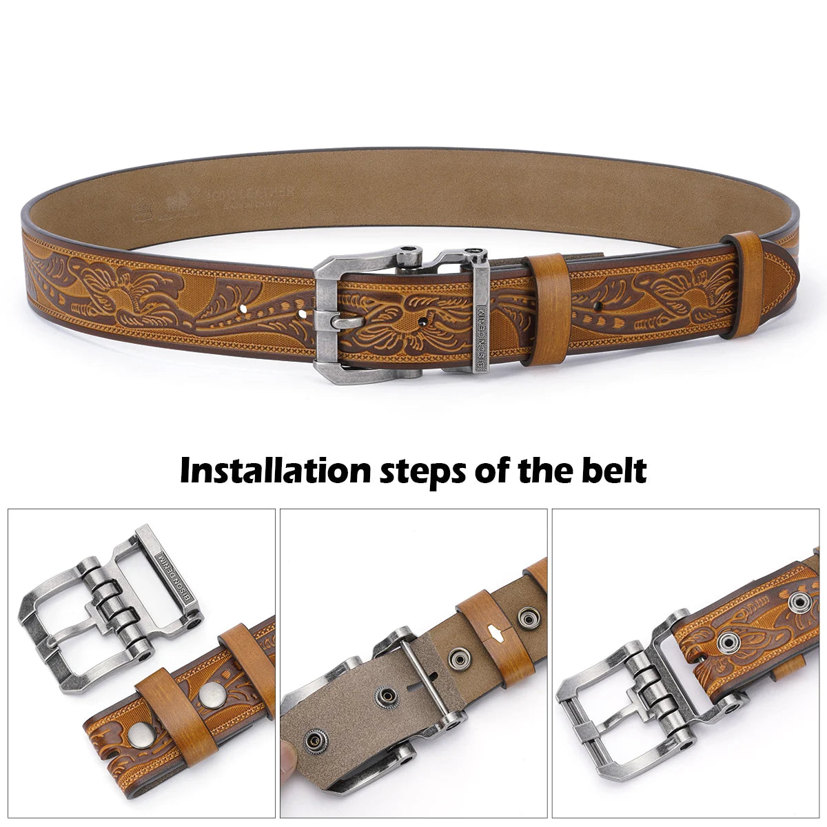 BISON DENIM Rindsleder Retro Gedruckt Männer Gürtel Echtes Split Leder Legierung Pin Schnalle Gürtel Casual Western Cowboy Stil Gürtel Für Männer