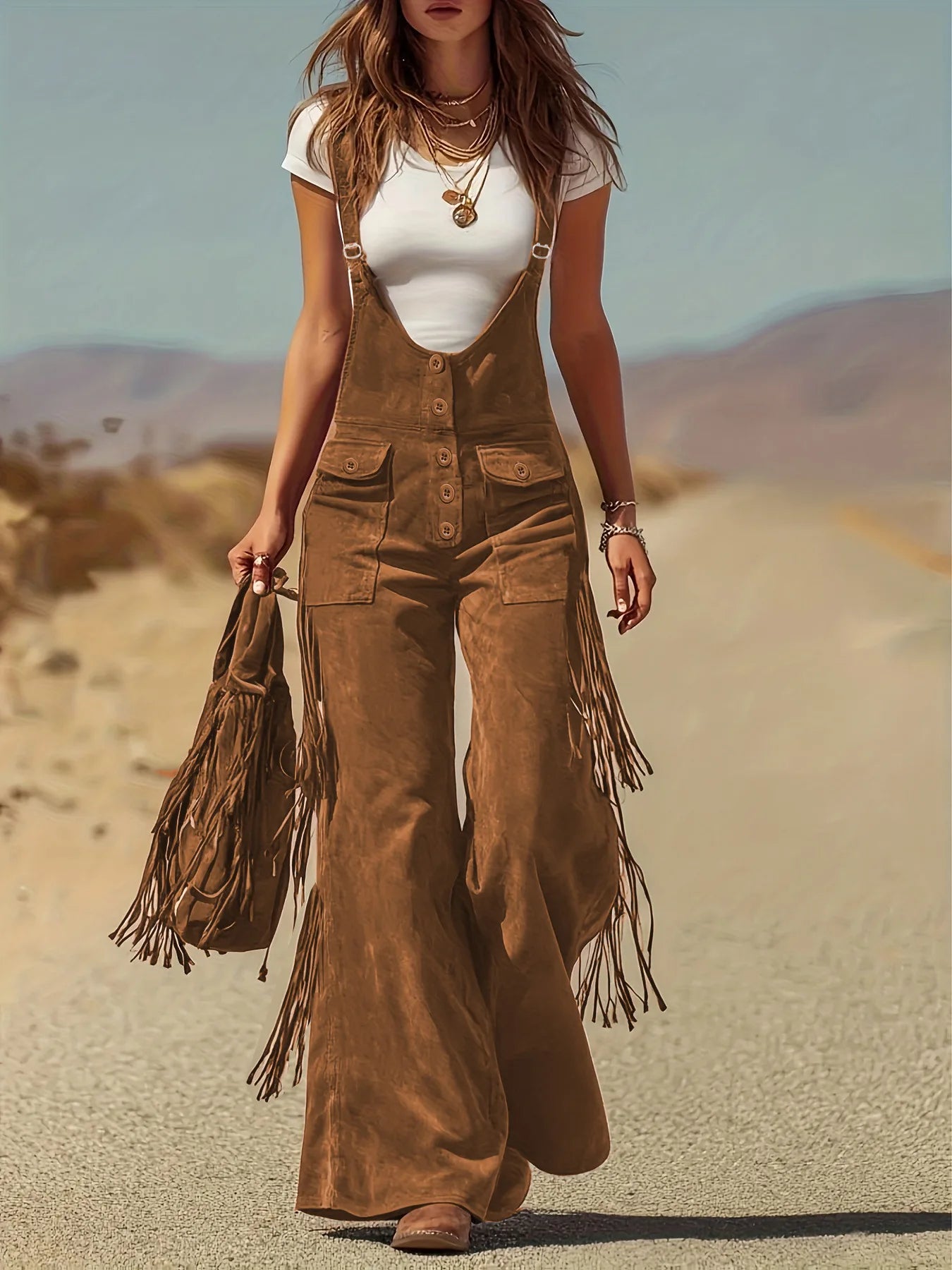 Damen Fashion Hose Latzhose Schlaghose Retro Western Flare Trägerhose Overall