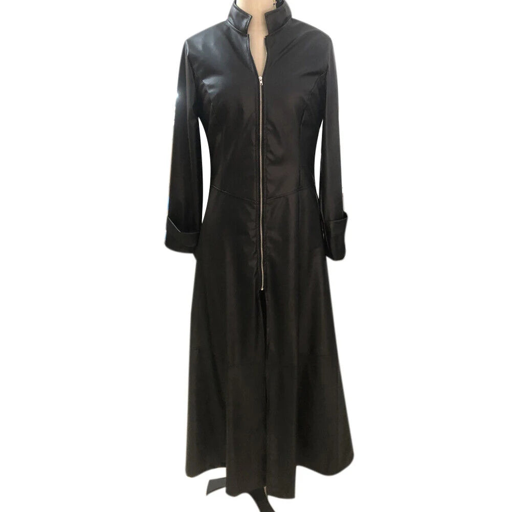Damen Leder Mantel PU Trenchcoat Jacke Stehkragen Schwarz Gothic