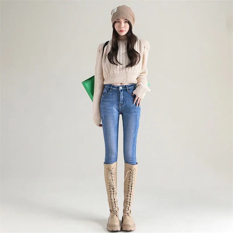 Damen Winter Warm Thermo Jeans Hose Innenfleece Stretch Hosen Leggins Denim