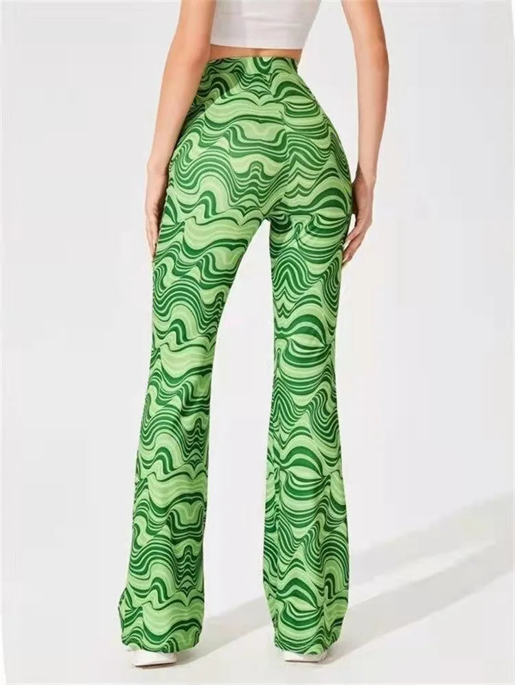 Damen Yoga Hose Bootcut Hüftjeans Schlaghose Flared Leggins Flower Power Retro