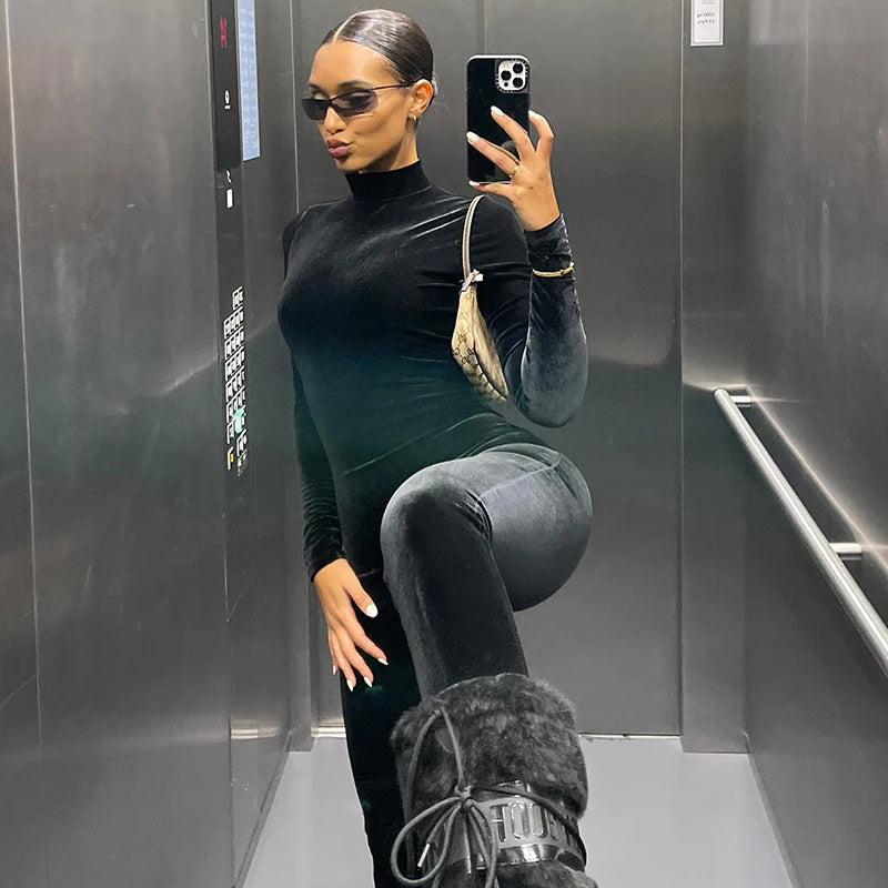 Dulzura Herbst Samt Sexy Y2K Kleidung Lange Hülse O-ansatz Bodycon Dünne Zipper Overall Frauen Sportliche Streetwear Strampler Outfits