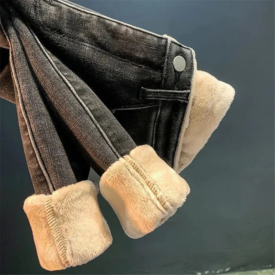 Damen Winter Warm Thermo Jeans Hose Innenfleece Stretch Hosen Leggins Denim