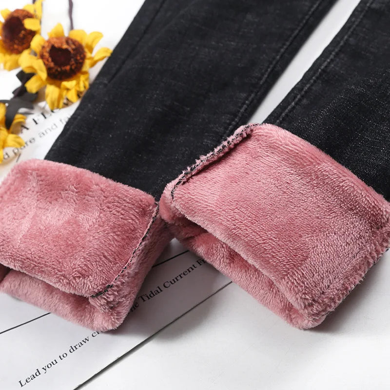 Frauen Winter Warm Thermo Jeans Hose Innenfleece Stretch Hosen Leggins Denim