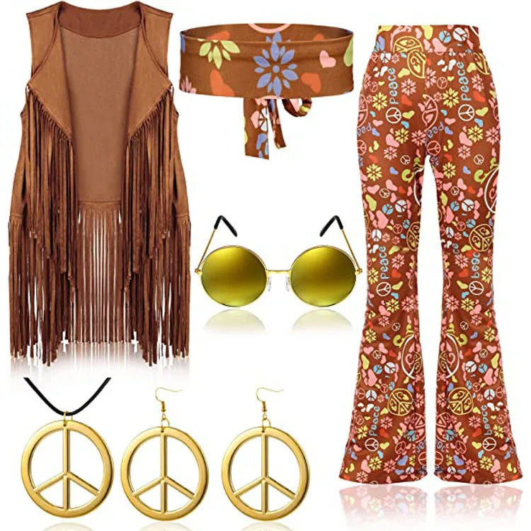 Damen Hippie Kostüm Hose 60er 70er Hüftjeans Schlaghose Leggins Flower Power