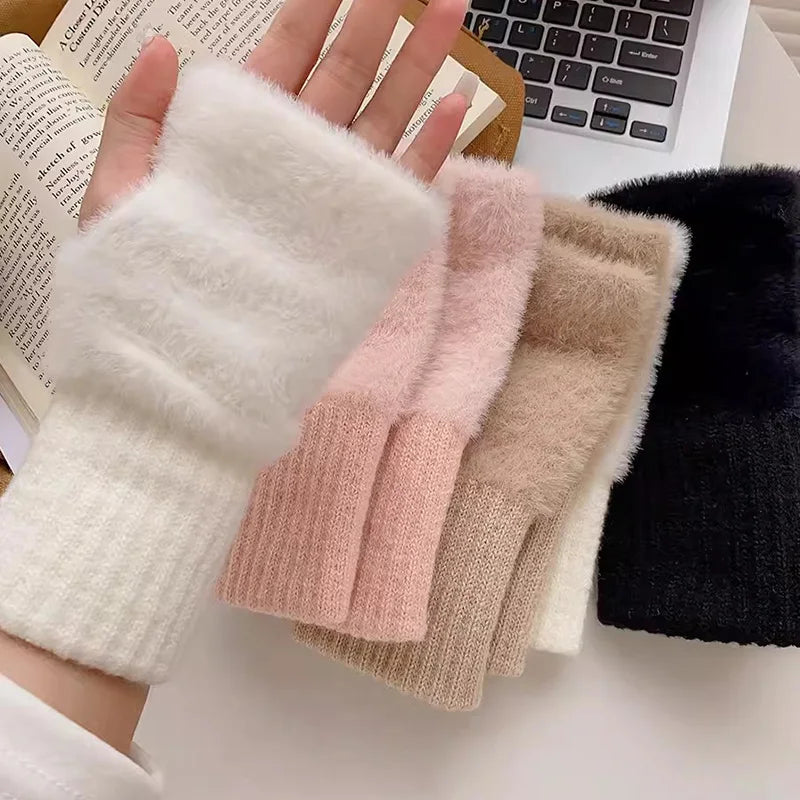 Winter Handschuhe Damen Strick fingerlose Handwärmer Fäustlinge Halbfinger