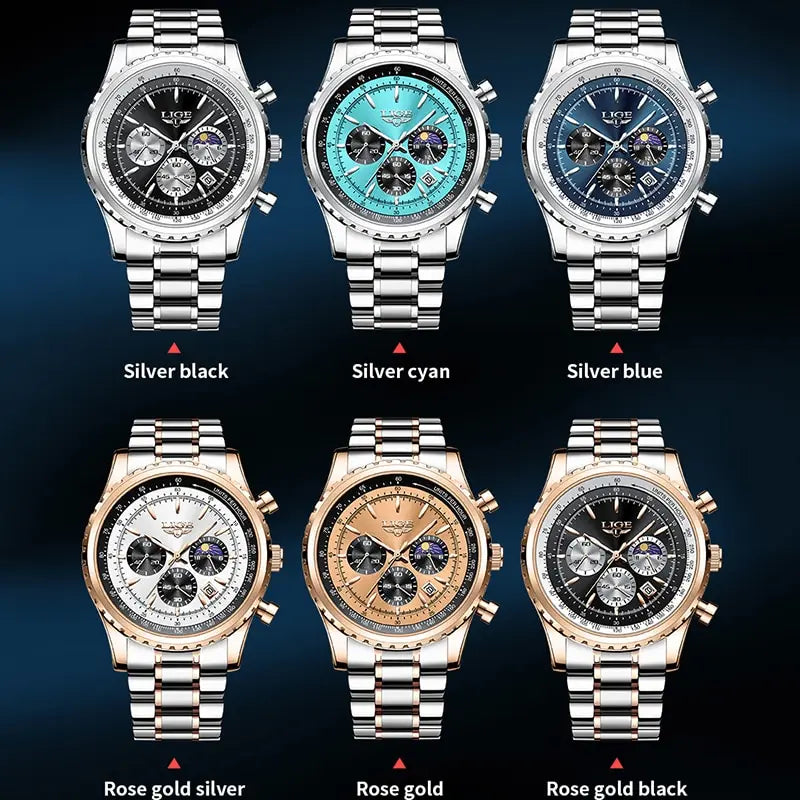 Herren Armbanduhr Silber Gold Edelstahl Fashion Quarz Uhr Chronograph Business