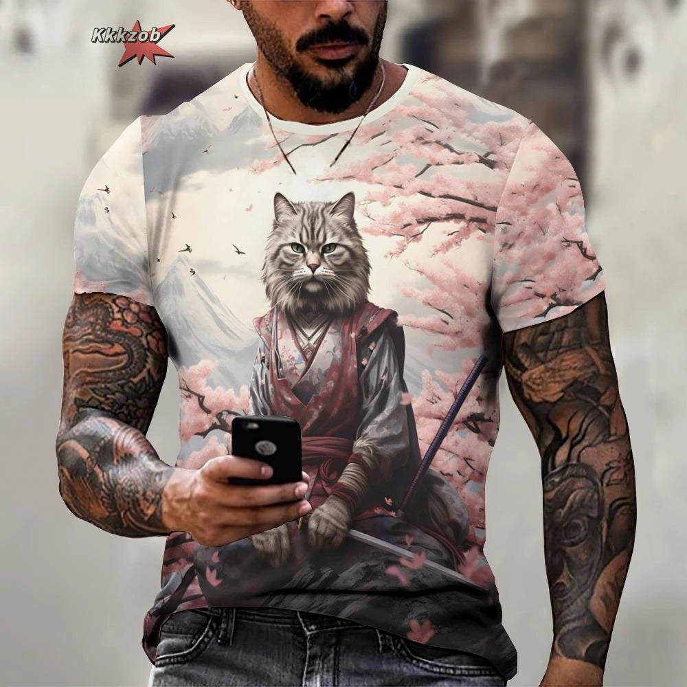 Tier Krieger Katze Druck Kurzarm Muster männer T-shirt 3D T-shirt Harajuku Tops Spaß O Neck Pullover Sommer männer Casual clo