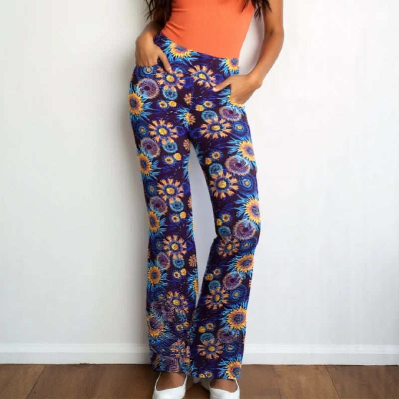 Damen Yoga Hose Bootcut Hüftjeans Schlaghose Flared Leggins Flower Power Retro
