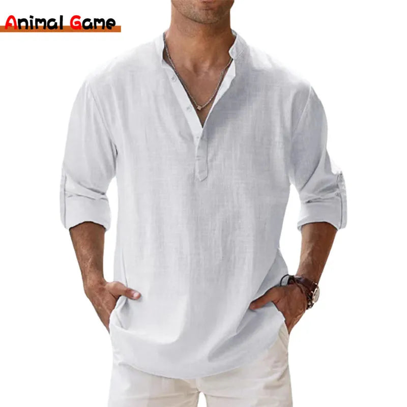 Herren Poloshirt Leinenhemd Langarm T-Shirt Leinen Hemd Polohemd Freizeithemd
