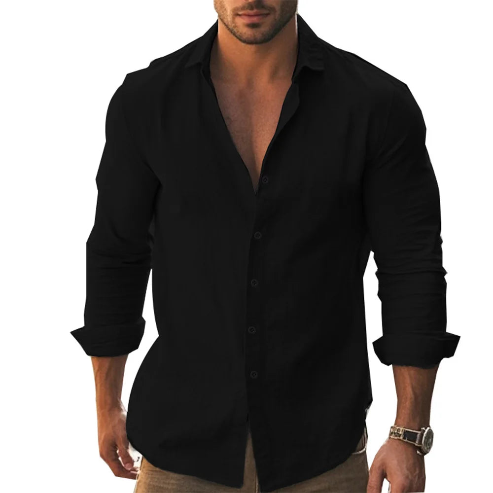 Herren Poloshirt Leinenhemd Langarm T-Shirt Leinen Hemd Polohemd Freizeithemd