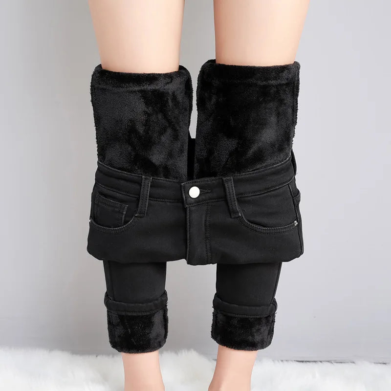 Damen Winter Warm Thermo Jeans Hose Innenfleece Stretch Hosen Leggins Denim