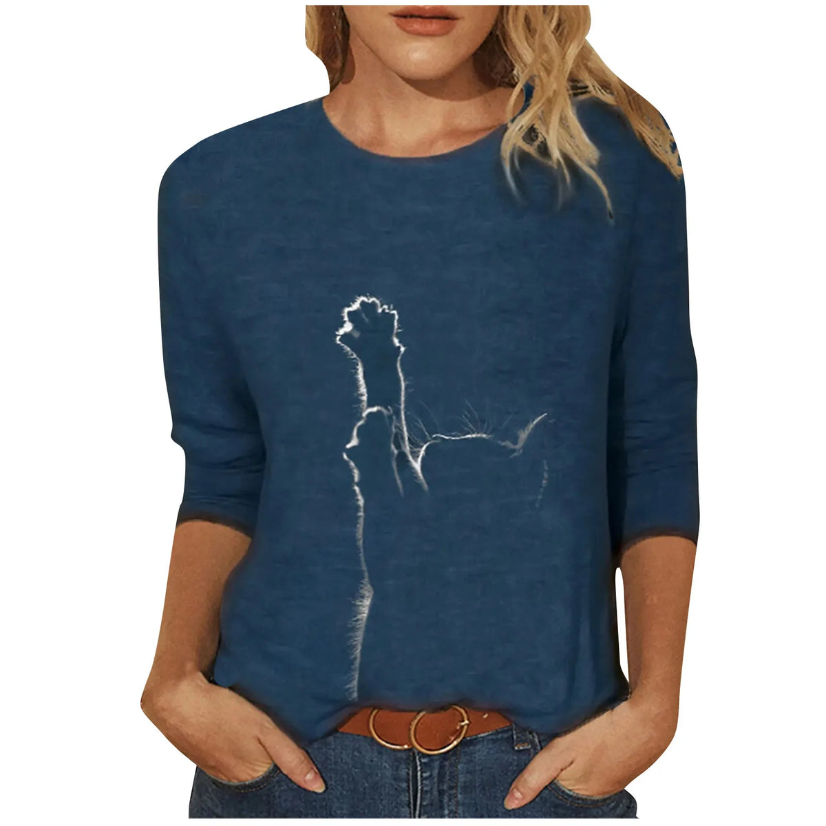 Damen Sommer Top Katzen Langarm T-Shirt Rundhals Streetwear lockeres Damentop