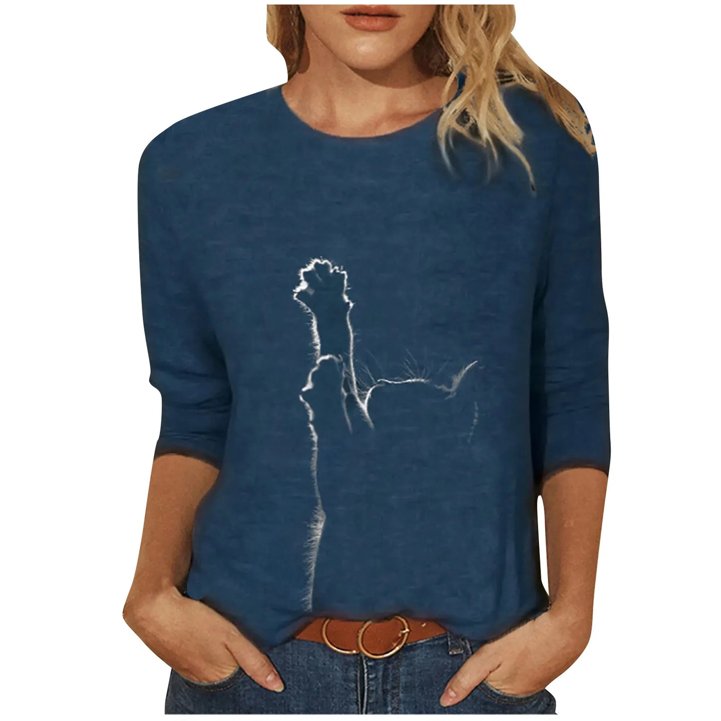 Damen Sommer Top Katzen Langarm T-Shirt Rundhals Streetwear lockeres Damentop