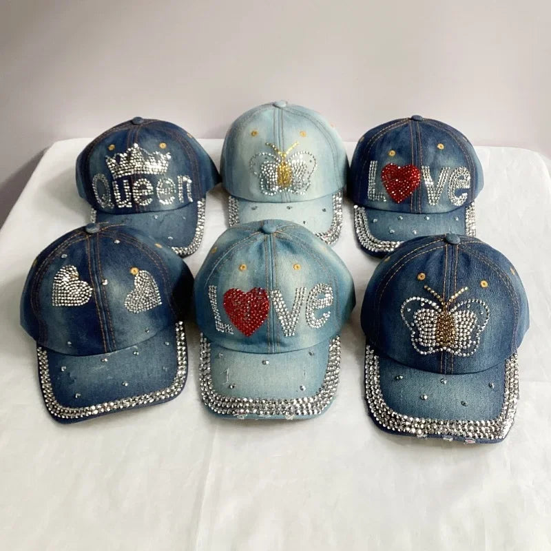 Jeans Basecap Cappy Denim Look Cap Kappe LOVE Strass gebogen Herren Damen