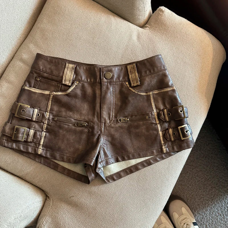 Damen Bermuda Shorts Hotpants Kurze Hose PU Leder Trendy Pants Clubwear