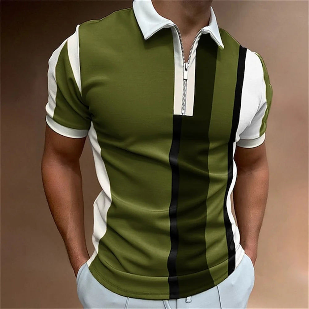 Herren Poloshirt POLO Shirt Zip Kontrast Kragen Kurzarm Slim Fit Hemd Polohemd