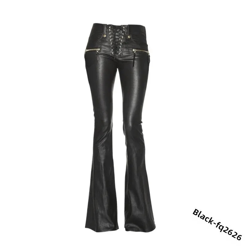 Sexy Damen Fashion Gothic Punk Hose PU Lederhose Reißverschluss Schlaghosen
