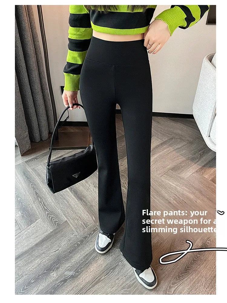 Hohe Taille, mit Fleece gefüttert, Bootcut-Yogahose, Damen-Oberbekleidung, Frühling, Herbst, Winter, schlankmachend, schwarz, Bauchkontrolle, lässig, Hai...