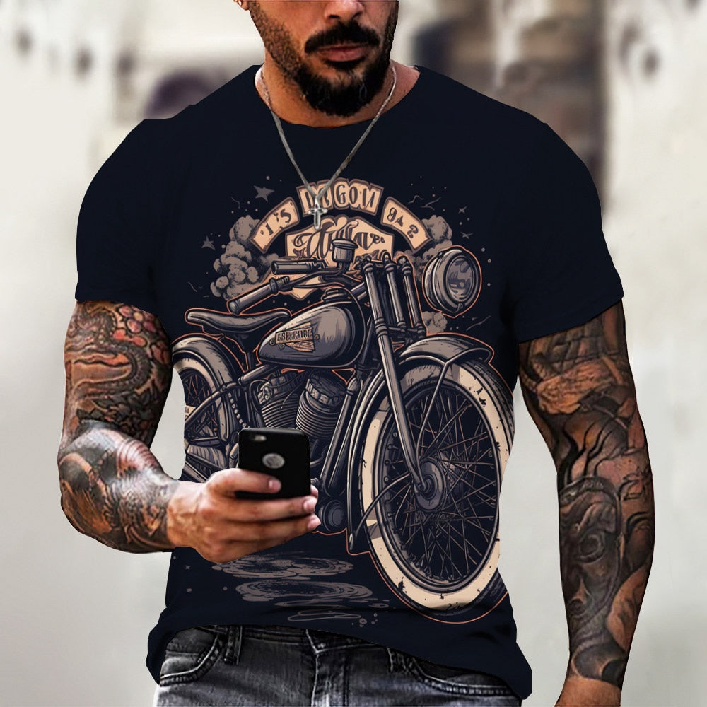 Herren Fashion Vintage Biker 3D T-Shirt Rundhals Unisex Sommer Streetwear
