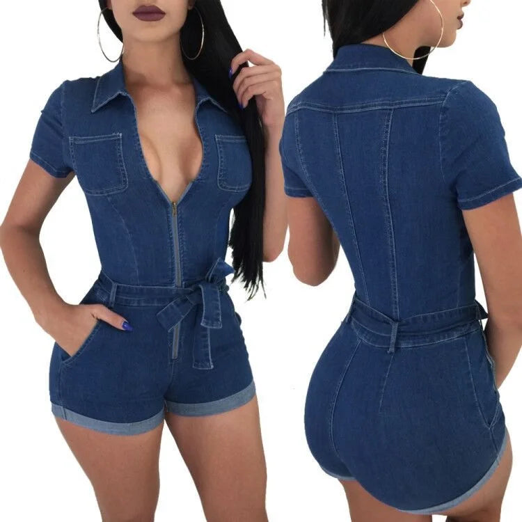 Damen Bermuda Shorts Hotpants Kurze Hose Blue Jeans Denim Einteiler Overall