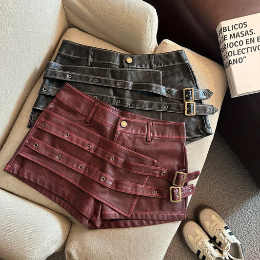 MEXZT Vintage Pu Leder Shorts Frauen Y2K Streetwear Patchwork Schwarz Shorts Sommer Sexy Gyaru Grunge Hohe Taille Heiße Kurze Hosen